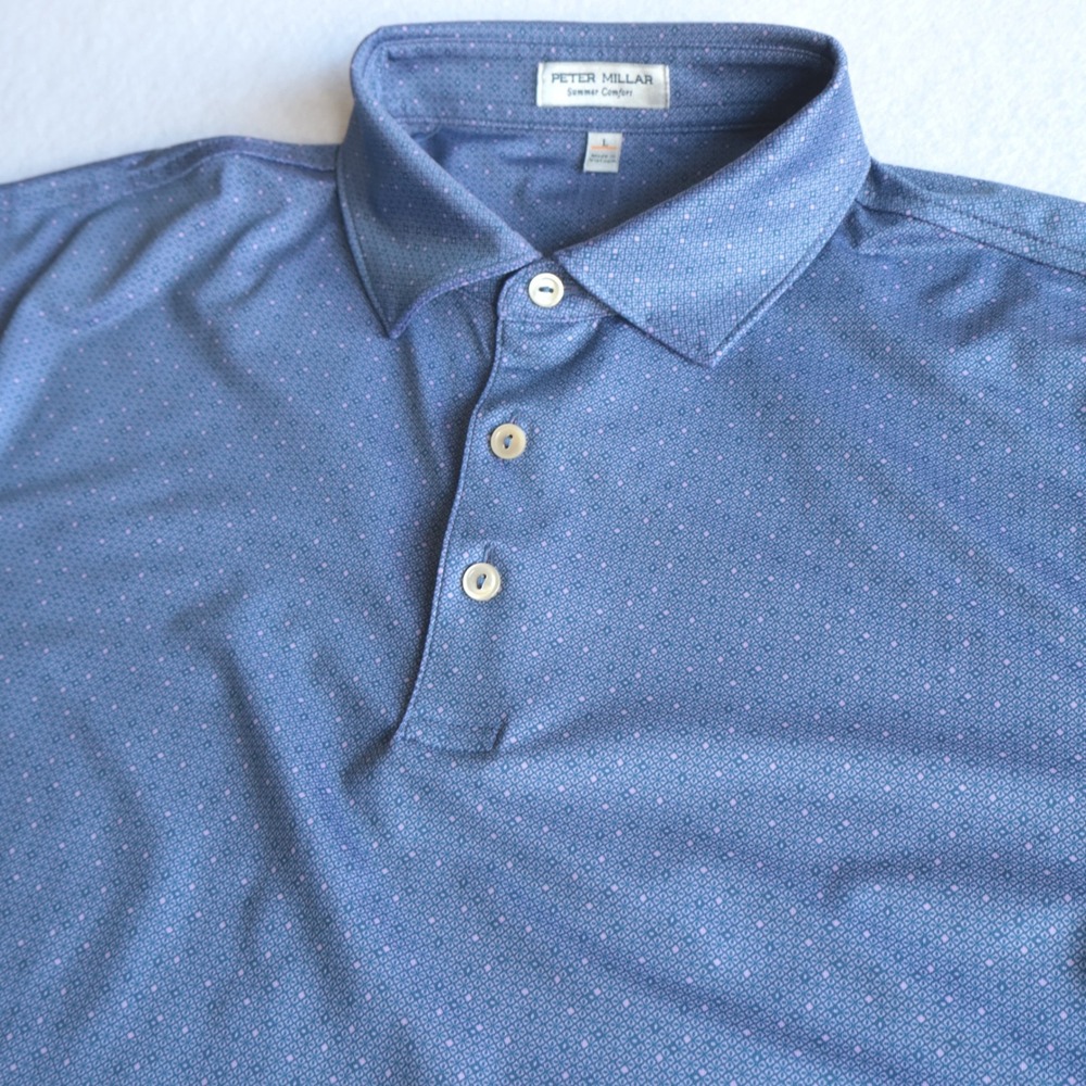 Peter Millar Summer Comfort Polo Shirt Mens L Blue Pink Geometric Dot Stretch